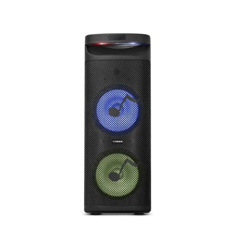 Untitled design (6) Fisher Portable Bluetooth Wireless Speaker: Dual 10" 60W PEAK Power Loud HD Deep Bass Sound & LED Lights, Rechargeable Karaoke TWS Pairing Long Lasting Battery, USB Port, AUX, FM Radio & Handle Bar - Image 1